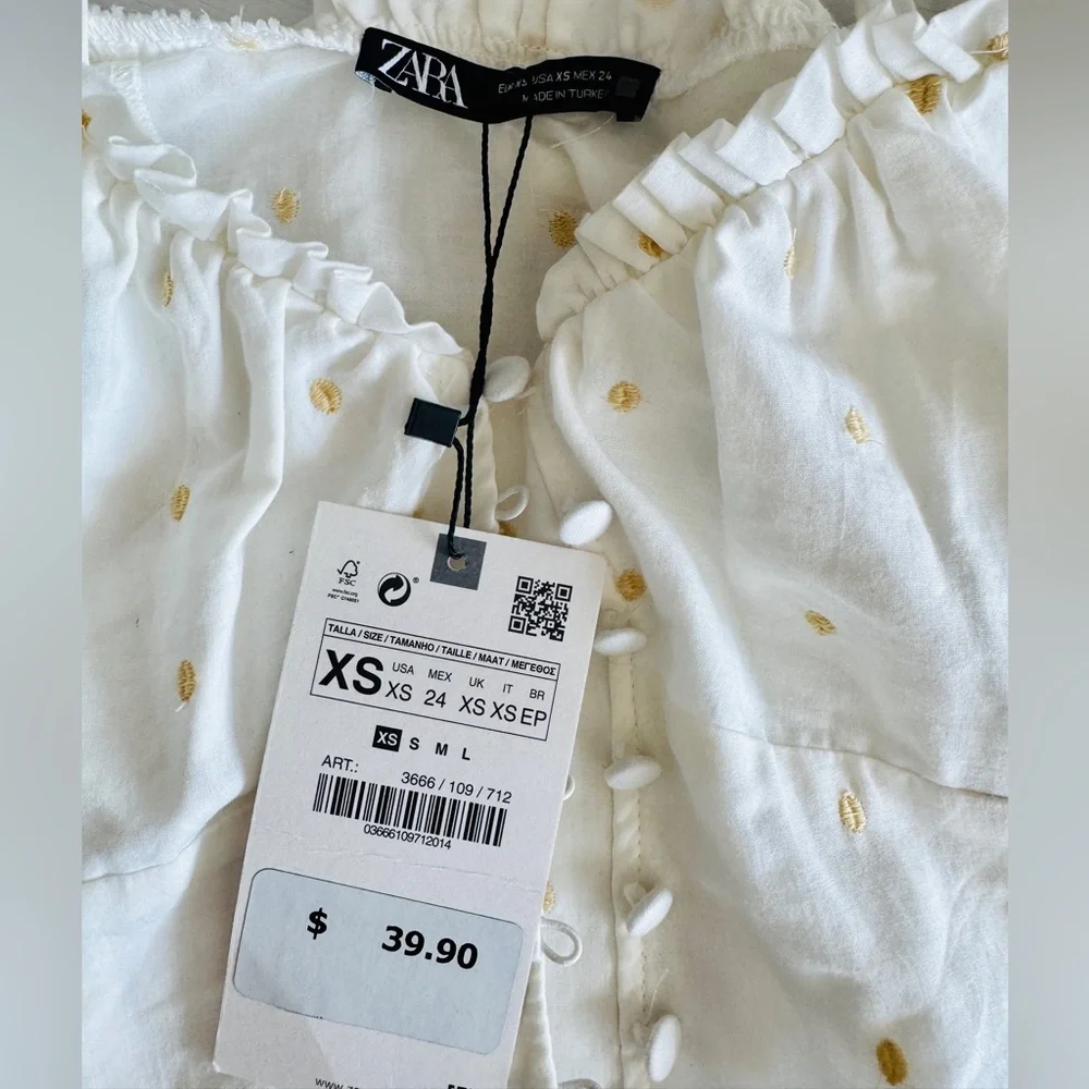 ZARA NWT White Off Shoulder Puff Sleeve Crop Top Blouse XS Ecru Polka Dot